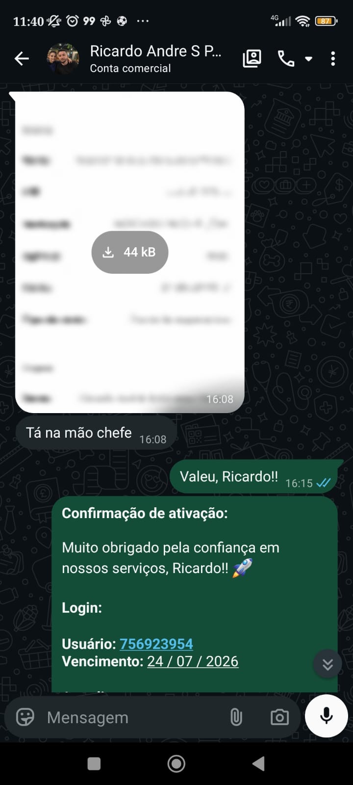 Conversa real de cliente — Pagamento confirmado