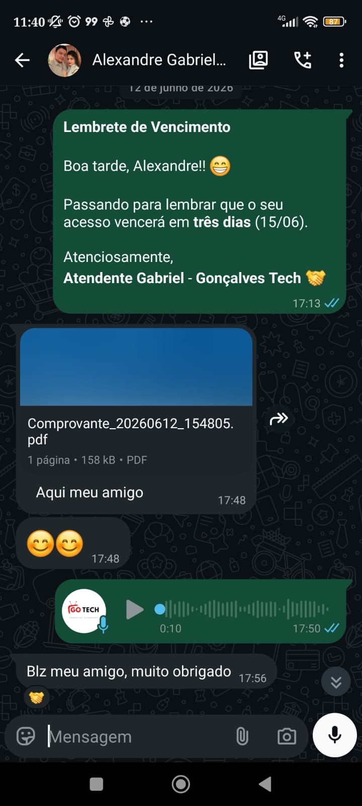 Conversa real de cliente — Cliente satisfeito