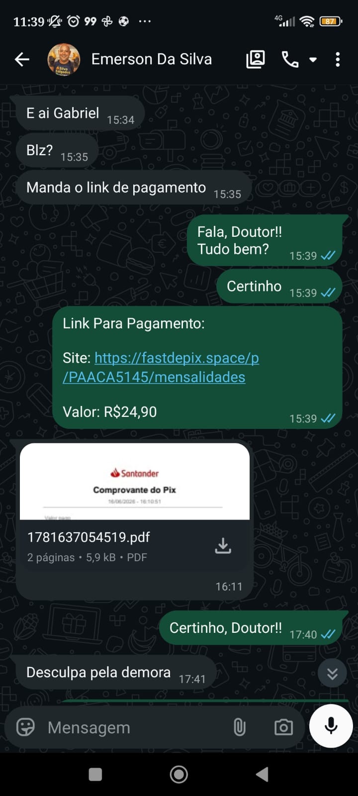 Conversa real de cliente — Suporte pelo WhatsApp