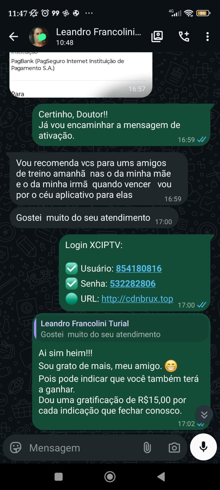 Conversa real de cliente — Indicação de cliente